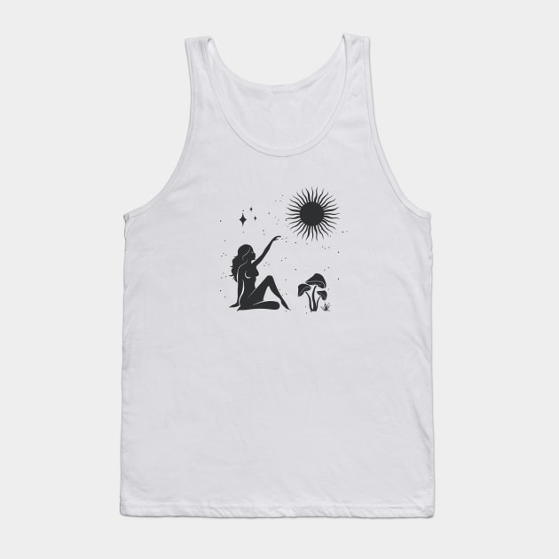 Sitting Mushroom Sun Goddess Tank Top by studioaartanddesign